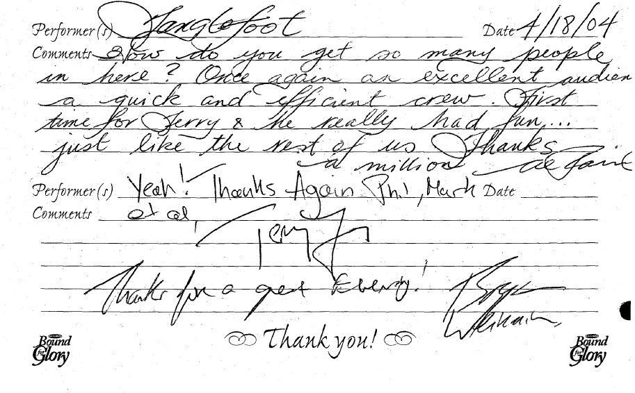 Tanglefoot entry from the GuestBook